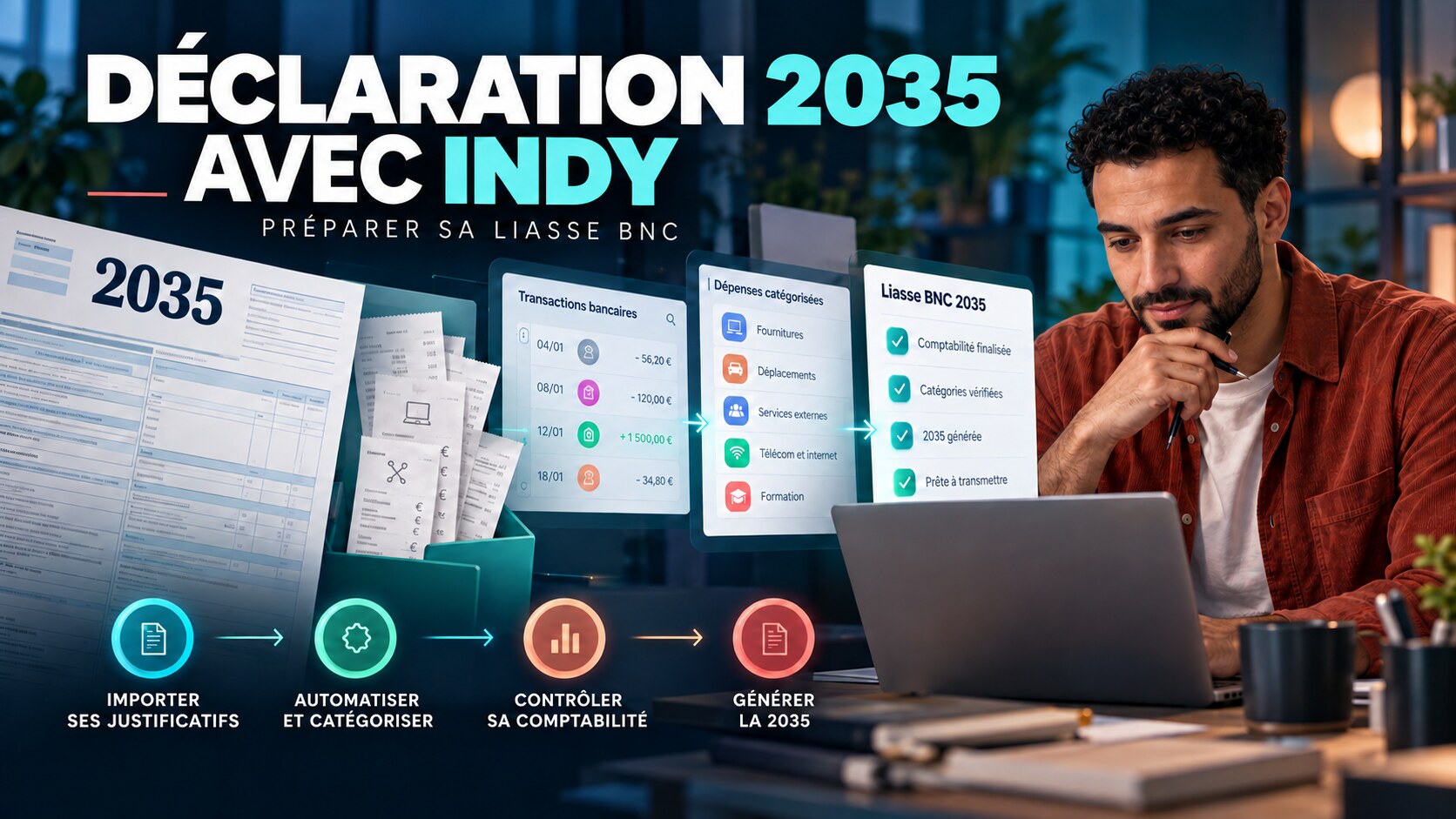 Professionnel libéral préparant sa déclaration 2035 avec Indy en quatre étapes