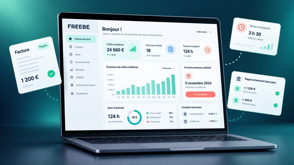 Tableau de bord Freebe pour facturation, URSSAF et suivi du chiffre d’affaires