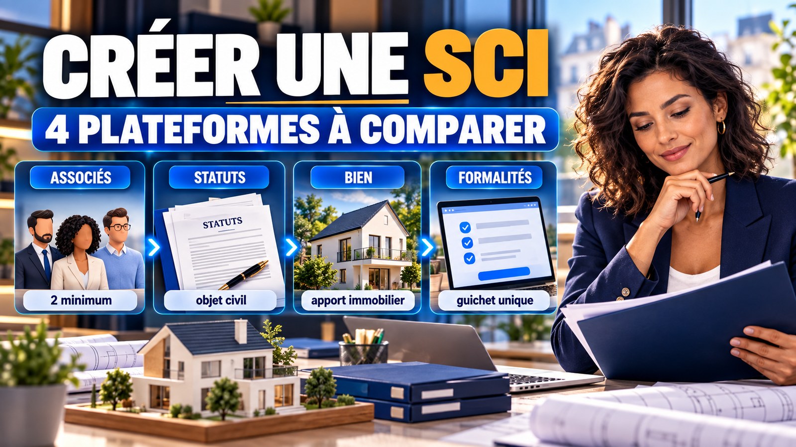 Entrepreneuse comparant les étapes clés pour créer une SCI en ligne : associés, statuts, bien immobilier et formalités.