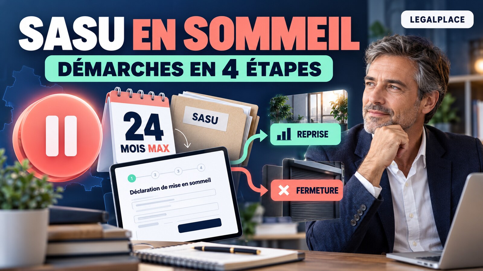 Dirigeant devant un montage illustrant la mise en sommeil d’une SASU, sa durée maximale et les options de reprise ou fermeture