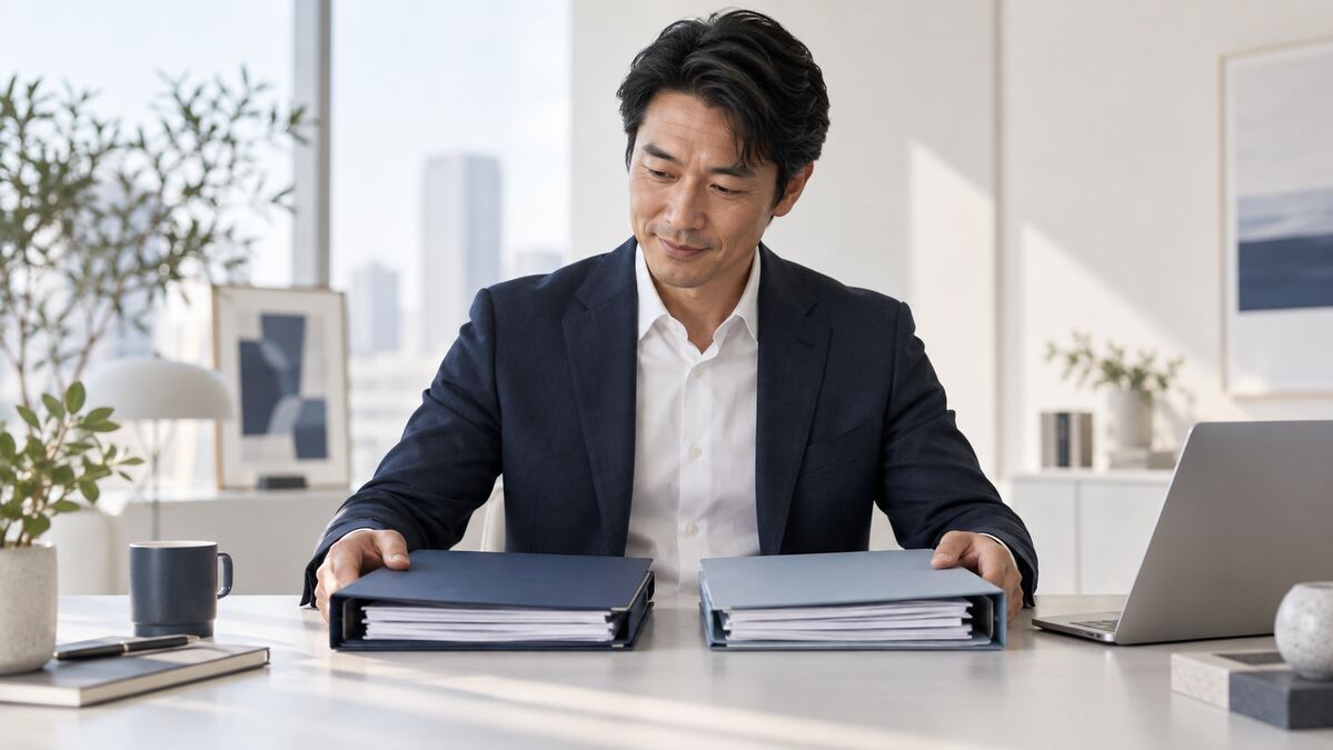 Entrepreneur comparant deux dossiers après le rapprochement de LegalPlace et Legalstart