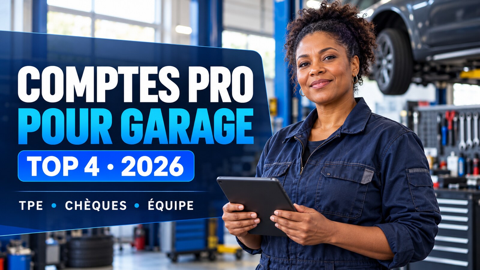 Gérante de garage comparant quatre comptes professionnels pour son atelier automobile